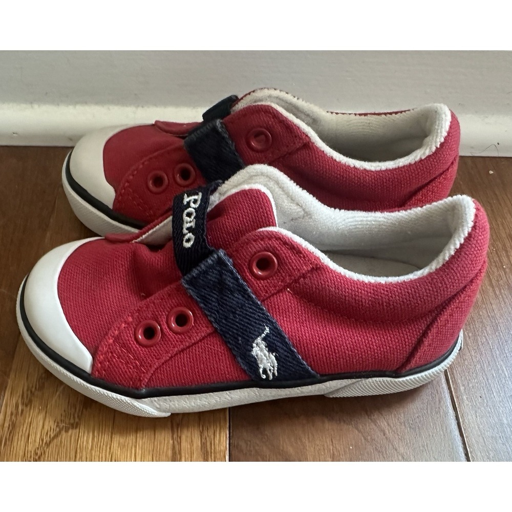Polo Ralph Lauren Toddler Shoes Size 7 Red Canvas Sneakers Strap Slip On Kids